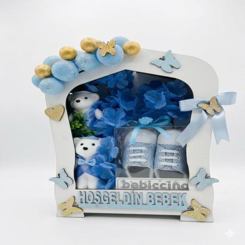 Mavi Bulutlar Bebek Aranjmanı ve Ayakkabı Seti